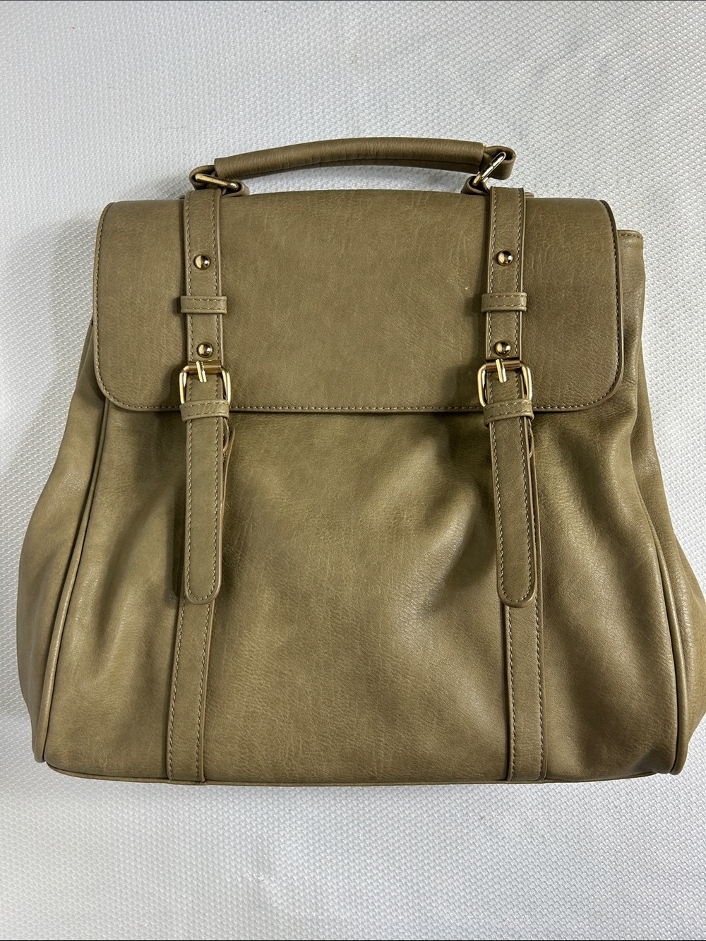 MMS Taupe Knapsack Two Attachable Straps Flap Snap Close Soft Leather Backpack